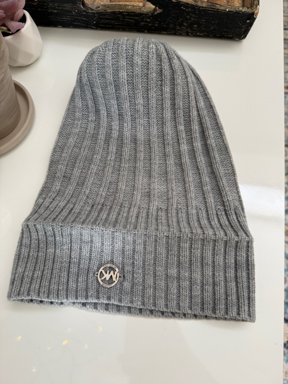Michael Kors Light Gray Ribbed Pom Pom Beanie - Picture 3 of 4